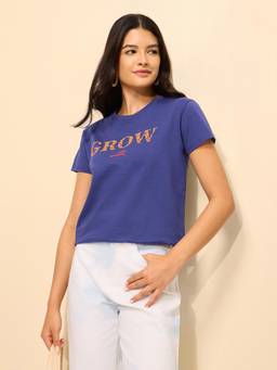 DILLINGER - Navy Blue Cotton Half Sleeves Regular Fit Round Neck Embroidered T-shirt