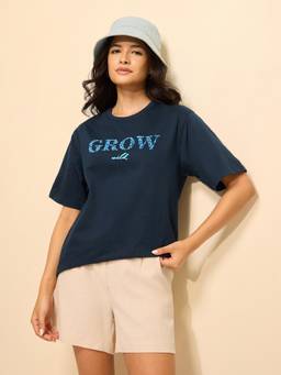 DILLINGER - Navy Blue Cotton Half Sleeves Oversized Fit Round Neck Embroidered T-shirt