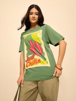 DILLINGER - Green Cotton Half Sleeves Oversized Fit Round Neck Printed T-shirt