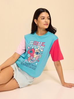 DILLINGER - Blue Cotton Half Sleeves Oversized Fit Round Neck Printed T-shirt