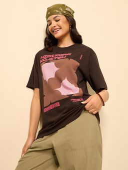DILLINGER - Brown Cotton Half Sleeves Oversized Fit Round Neck Printed T-shirt