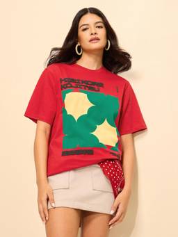DILLINGER - Red Cotton Half Sleeves Oversized Fit Round Neck Printed T-shirt