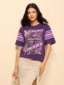DILLINGER - Purple Cotton Half Sleeves Oversized Fit Round Neck Typography T-shirt