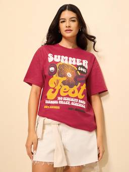 DILLINGER - Red Cotton Half Sleeves Oversized Fit Round Neck Printed T-shirt
