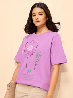 DILLINGER - Lavender Cotton Half Sleeves Oversized Fit Round Neck Embroidered T-shirt