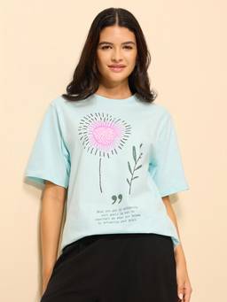 DILLINGER - Blue Cotton Half Sleeves Oversized Fit Round Neck Embroidered T-shirt