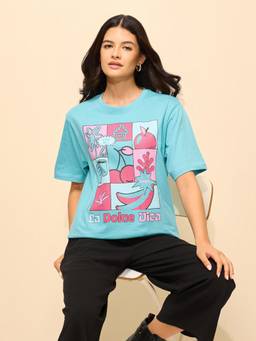 DILLINGER - Blue Cotton Half Sleeves Oversized Fit Round Neck Printed T-shirt