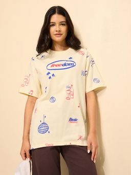 DILLINGER - Beige Cotton Half Sleeves Oversized Fit Round Neck Printed T-shirt