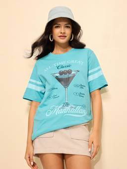 DILLINGER - Blue Cotton Half Sleeves Oversized Fit Round Neck Printed T-shirt