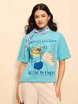DILLINGER - Blue Cotton Half Sleeves Oversized Fit Round Neck Embroidered T-shirt