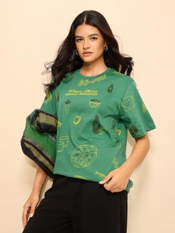 DILLINGER - Green Cotton Half Sleeves Oversized Fit Round Neck Printed T-shirt