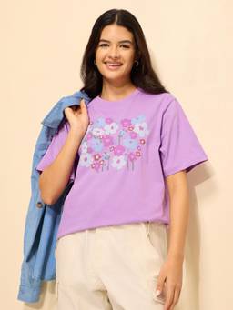 DILLINGER - Purple Cotton Half Sleeves Oversized Fit Round Neck Embroidered T-shirt