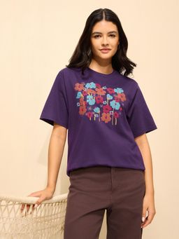 DILLINGER - Purple Cotton Half Sleeves Oversized Fit Round Neck Embroidered T-shirt