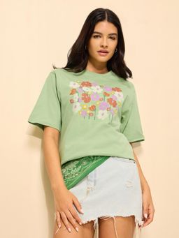 DILLINGER - Green Cotton Half Sleeves Oversized Fit Round Neck Embroidered T-shirt