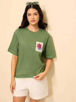 DILLINGER - Green Cotton Half Sleeves Oversized Fit Round Neck Embroidered T-shirt