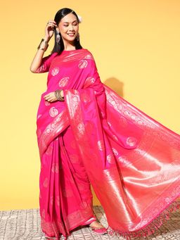 Sareemall - Silk Blend Pink Woven Design Celebrity Saree With Unstitched Blouse