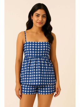 Kaori By Shreya - Women Blue Gingham Checks Cotton Linen Co-Ord Set