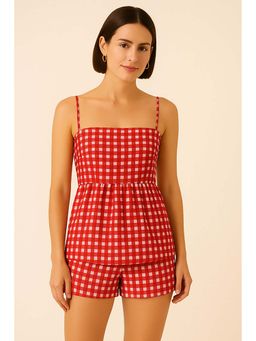 Kaori By Shreya - Women Red Checks Cotton Linen Co-Ord Set