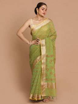 Indethnic - Banarasi Green Printed Daily Wear Saree With Unstitched Blouse