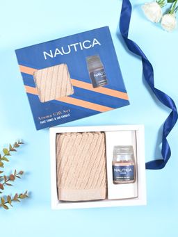 Nautica - Fluffy Cotton Face Towel Set with Reed Diffuser and Jar Candle (Cross View) Solid-Wheat (M)
