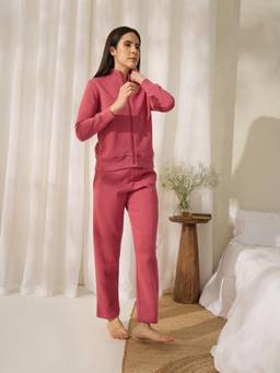 Sweet Dreams - Womens Pink Solid Jacket with Pyjama
