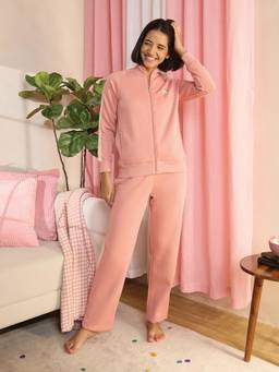 Sweet Dreams - Womens Pink Solid Jacket with Pyjama