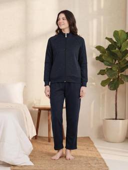 Sweet Dreams - Womens Polka Dots Navy Blue Jacket with Pyjama