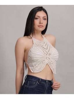 BRACHY - Womens Beige Crochet Butterfly Backless Beach Halter Padded Bralette