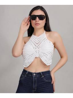 BRACHY - Womens White Crochet Butterfly Backless Beach Halter Padded Bralette