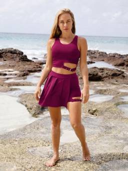 Keepfit - Women Magenta Swimwear Crop Top and Pleated Skirt