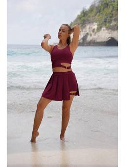 Keepfit - Women Maroon Swimwear Crop Top and Pleated Skirt