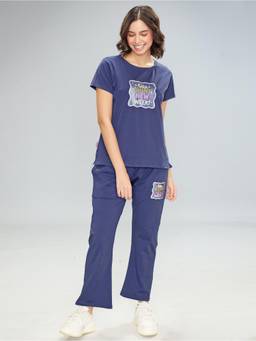 LOTIK - Womens Blue Cotton Solid Nightsuit