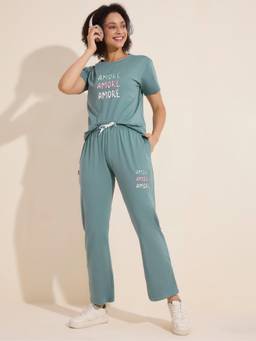LOTIK - Womens Green Cotton Solid Nightsuit