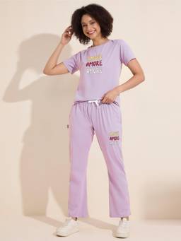 LOTIK - Womens Purple Cotton Solid Nightsuit