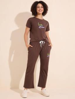 LOTIK - Womens Brown Cotton Solid Nightsuit