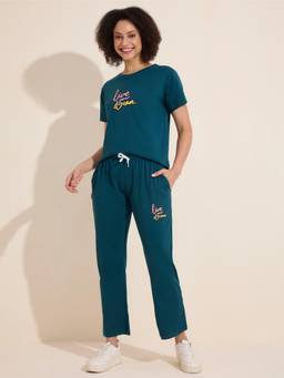 LOTIK - Womens Teal Cotton Solid Nightsuit