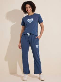 LOTIK - Womens Blue Cotton Solid Nightsuit