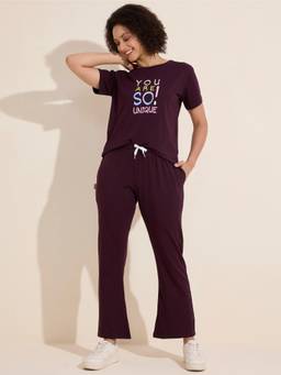 LOTIK - Womens Wine Cotton Solid Nightsuit