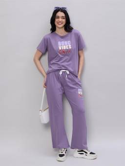 LOTIK - Womens Purple Cotton Solid Nightsuit