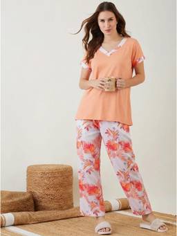 The Kaftan Company - Peach Tropical Floral Top with Pyjama