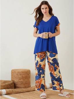 The Kaftan Company - Botanical Royal Blue Top with Pyjama