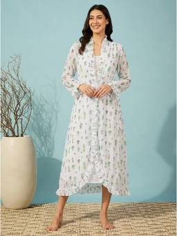 The Kaftan Company - White Cactus Print Sheer Chiffon Robe Gown