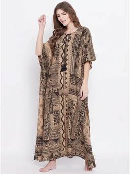 The Kaftan Company - Brown Tribal Print Cotton Kaftan