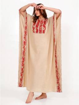 The Kaftan Company - Red Floral Yoke Panel Beige Cotton Kaftan