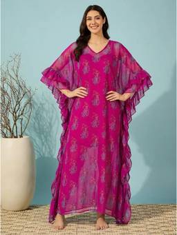 The Kaftan Company - Ruffle Sleeves Magenta Floral Print Georgette Kaftan
