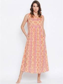 The Kaftan Company - Pockets Peach Print Sleeveless Nightdress