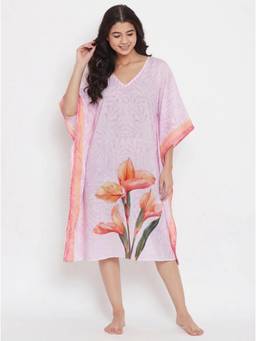 The Kaftan Company - Statement Iris Motif Lilac Floral Print Short Kaftan