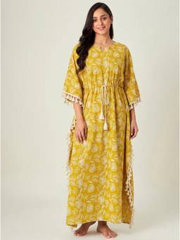 The Kaftan Company - Waist Tie Tassel Trim Mustard Tropical Leaf Print Kaftan