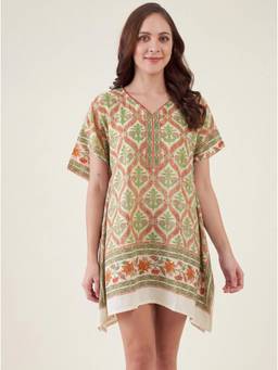 The Kaftan Company - Ivory Trellis Floral Print Short Kaftan with Side Ties
