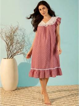 The Kaftan Company - Lace Trim Rose Pink Ditsy Print Cotton Nightdress